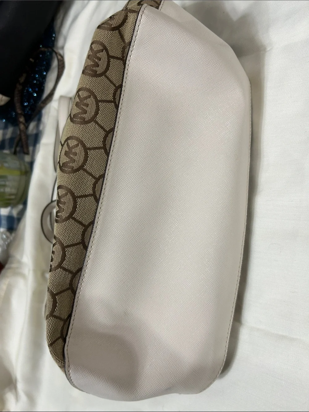 Michael Kors Beige and White Signature MK Tote with Gold Accent